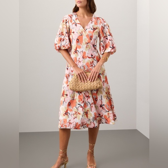 CAARA Dresses & Skirts - CAARA Asti Midi Dress Size M Pink Coral Red Floral V-neck Puff Sleeve Spring